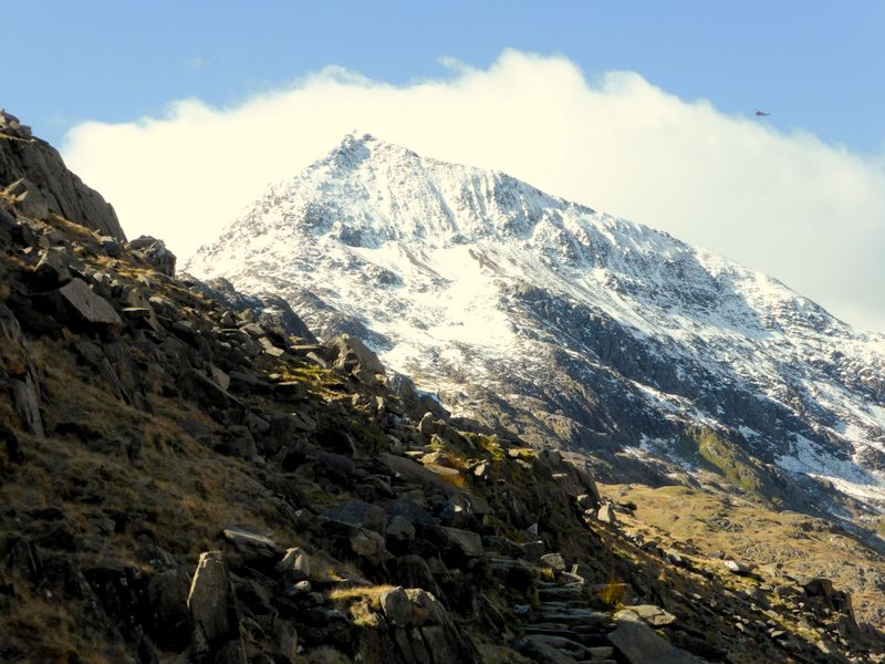 Crib Goch from Pyg Track near Pen y Pass (helicopter above)